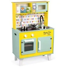 A Janod wooden play kitchen set with a microwave, oven, sink, and stove. The kitchen is yellow and mint green.