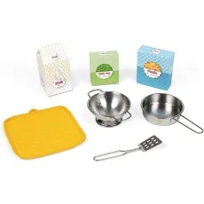 A set of Janod toy kitchen accessories including a pot, colander, spatula, oven mitt, and two food boxes.