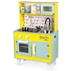 A wooden toy kitchen, fully assembled, with a colorful bunting backsplash and a metal pot on the stove.