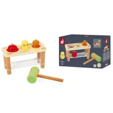 A wooden pounding bench toy with three different shaped vegetable pegs and a mallet.