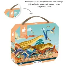 A puzzle box shaped like a suitcase with a handle, showing a colorful illustration of various dinosaurs and pterosaurs