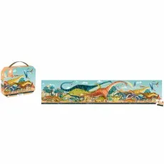 A small view of a dinosaur puzzle box next to the fully assembled, long, horizontal puzzle