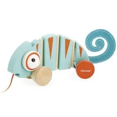 A Janod wooden pull-along chameleon toy with a blue felt spiral tail..