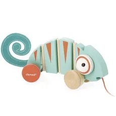 Side view of a wooden chameleon toy with blue, orange, and natural wood segments.