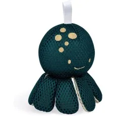 A closeup of a textured, dark green octopus toy with six tentacles and a smiling face.
