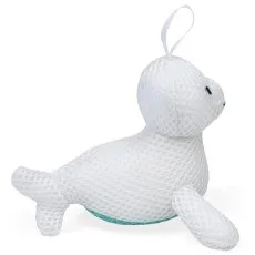 A plush, white bath scrubber that looks like a happy seal, with a teal bottom.