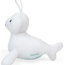 A side view of a textured, white seal toy with a blue accent and a white hanging loop.