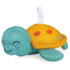 A smiling bath toy shaped like a turtle, with a blue mesh body and an orange mesh shell.