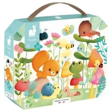 A colorful children's puzzle box with cartoon animals in a forest