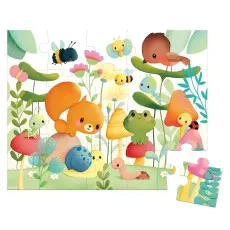 A children's jigsaw puzzle of a whimsical forest with a squirrel, frog, and birds