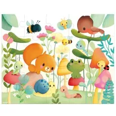 A colorful children's jigsaw puzzle of a whimsical forest scene with a squirrel, frog, birds, and insects