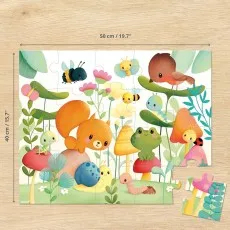 A colorful children's jigsaw puzzle, with its dimensions 50 cm by 40 cm, showing a forest scene