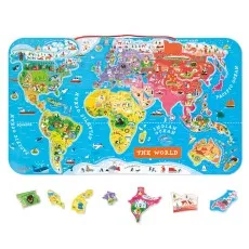 An illustrated Janod world map puzzle with several continent-shaped pieces below it.
