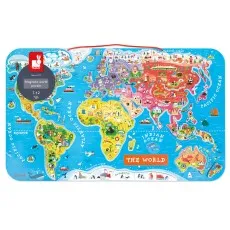 A complete illustrated world map puzzle board for children ages 7 to 12.