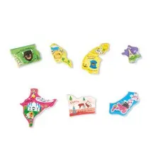 Puzzle pieces for a world map, showing illustrations of a bison, a kangaroo, and the Eiffel Tower.