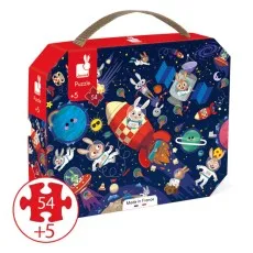 A colorful Janod puzzle box showing cartoon rabbits in space, with a close-up of a puzzle piece.