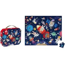 A completed puzzle and its box. The puzzle shows cartoon rabbits as astronauts flying a rocket and spaceships in space.