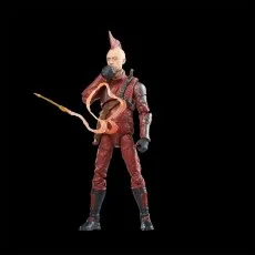 A Kraglin action figure with a red mohawk, holding a glowing arrow-like accessory near his mouth