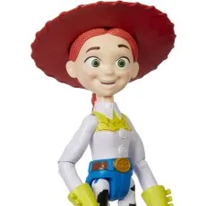 A close-up of a Jessie action figure from Toy Story. The figure is wearing her signature outfit and smiling