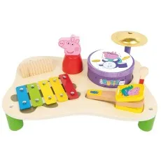 A multi-instrument toy set featuring a drum, xylophone, clappers, and a Peppa Pig figure.