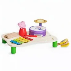 A Peppa Pig wooden musical table with a drum, xylophone, guiro, and cymbal.