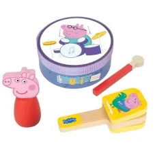 A toy drum featuring Daddy Pig, a Peppa Pig figure, and a wooden drumstick.