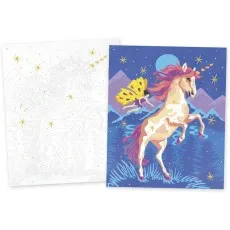 A completed unicorn paint-by-numbers board next to its black and white uncolored version.