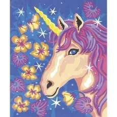 A vibrant, fantastical painting of a unicorn with a purple and pink mane and bright blue eyes.
