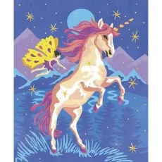 A whimsical painting of a unicorn with a flowing pink mane, a yellow horn, and a small fairy companion.