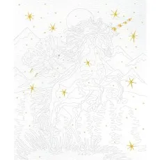 An uncolored unicorn paint-by-numbers board with a gold foil outline and gold stars.