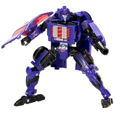 A Dragstrip Transformers action figure in robot mode, with one arm as a shield