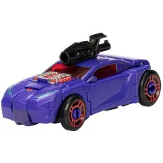 A purple sports car Transformers action figure with a black blaster on top