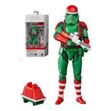 A Star Wars Black Series action figure of a green Stormtrooper in holiday-themed red armor.