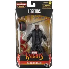 A boxed Marvel Legends Series figure of Blade with accessories and a Build-A-Figure part