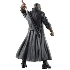 A Marvel Legends figure of Blade, viewed from the back, holding a sword and with a scabbard on his back