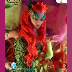 A close-up of a Poison Ivy action figure in a lush environment.
