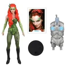 A Poison Ivy action figure, a Mr. Freeze torso, an art card, and a figure stand.