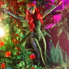 The Poison Ivy action figure is posed with arms outstretched amid a leafy jungle setting.