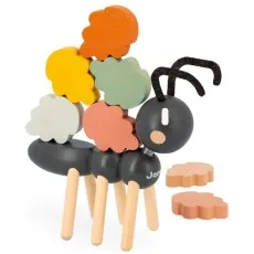 A Janod wooden toy ant with colorful leaf-shaped blocks stacked on its back.