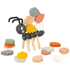 A product shot of a wooden ant game with some pieces stacked and others placed separately.