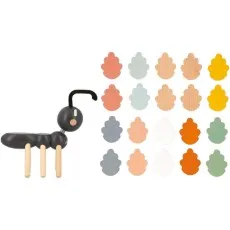 A product shot of a wooden ant toy and its coordinating leaf-shaped blocks on a white background.