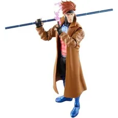 A dynamic action figure of Gambit, holding his staff on his shoulders and a glowing pink energy effect on his hand