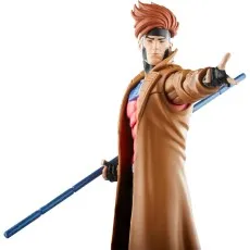 A full-body action figure of Gambit in his signature brown trench coat and blue boots, holding his staff