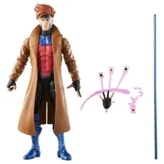 A Gambit Marvel Legends action figure with his trademark trench coat, staff, and energized card accessories
