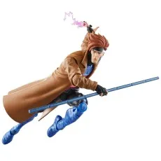 A Marvel Legends Gambit figure in a crouched, dynamic pose, holding his staff and throwing an energized playing card