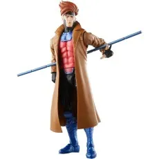 A standing Marvel Legends Gambit figure, holding his staff across his shoulders, on a white background
