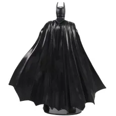 The back view of a Batman action figure with a dramatic, flowing cape.