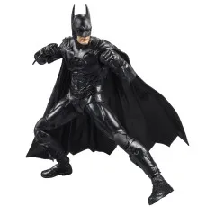 The Batman action figure is posed in a fighting stance with its cape flowing.