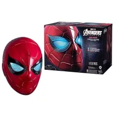A full view of the Avengers Endgame Iron Spider electronic helmet, with glowing blue eyes, next to its product box