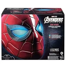 A front view of the product box for an Avengers Endgame Iron Spider electronic helmet, with the helmet's eyes glowing blue